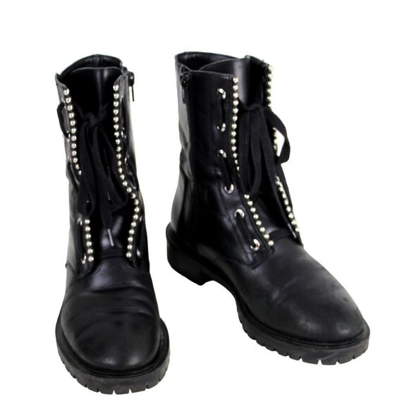 Zara BLACK GENUINE LEATHER ZIP SIDE LACE UP LOW HEEL ROUND TOE ANKLE BOOTS Sz 37 - Picture 1 of 10